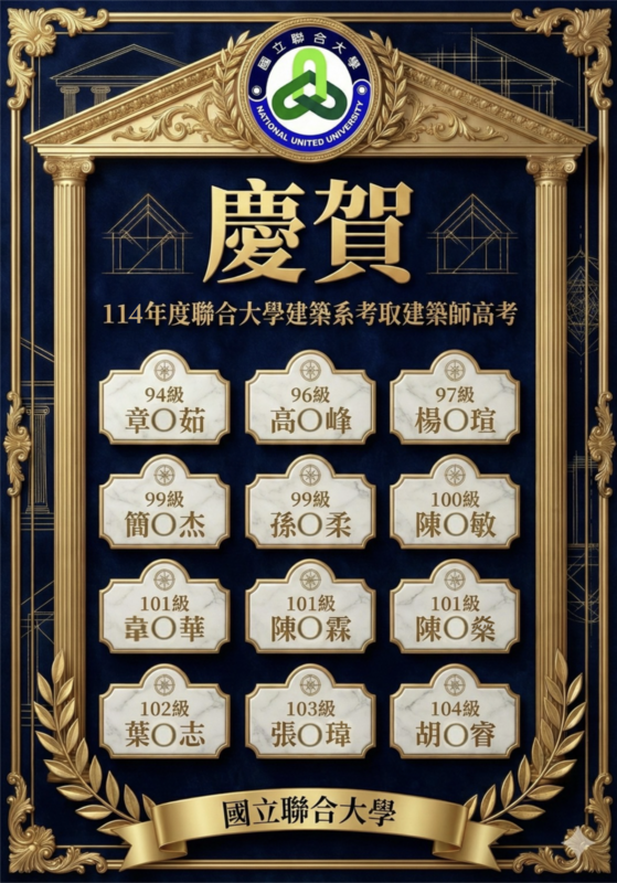 金榜題名!恭賀聯大建築學系12位校友通過114年建築師高考圖片