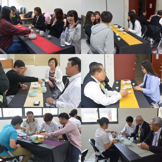 圖6:文觀系同學結合「茶文化與展演實作」課程所學,在接待的過程中用英語、日語,甚至中文(漢字)、客語與來賓交流,歡樂氣氛洋溢